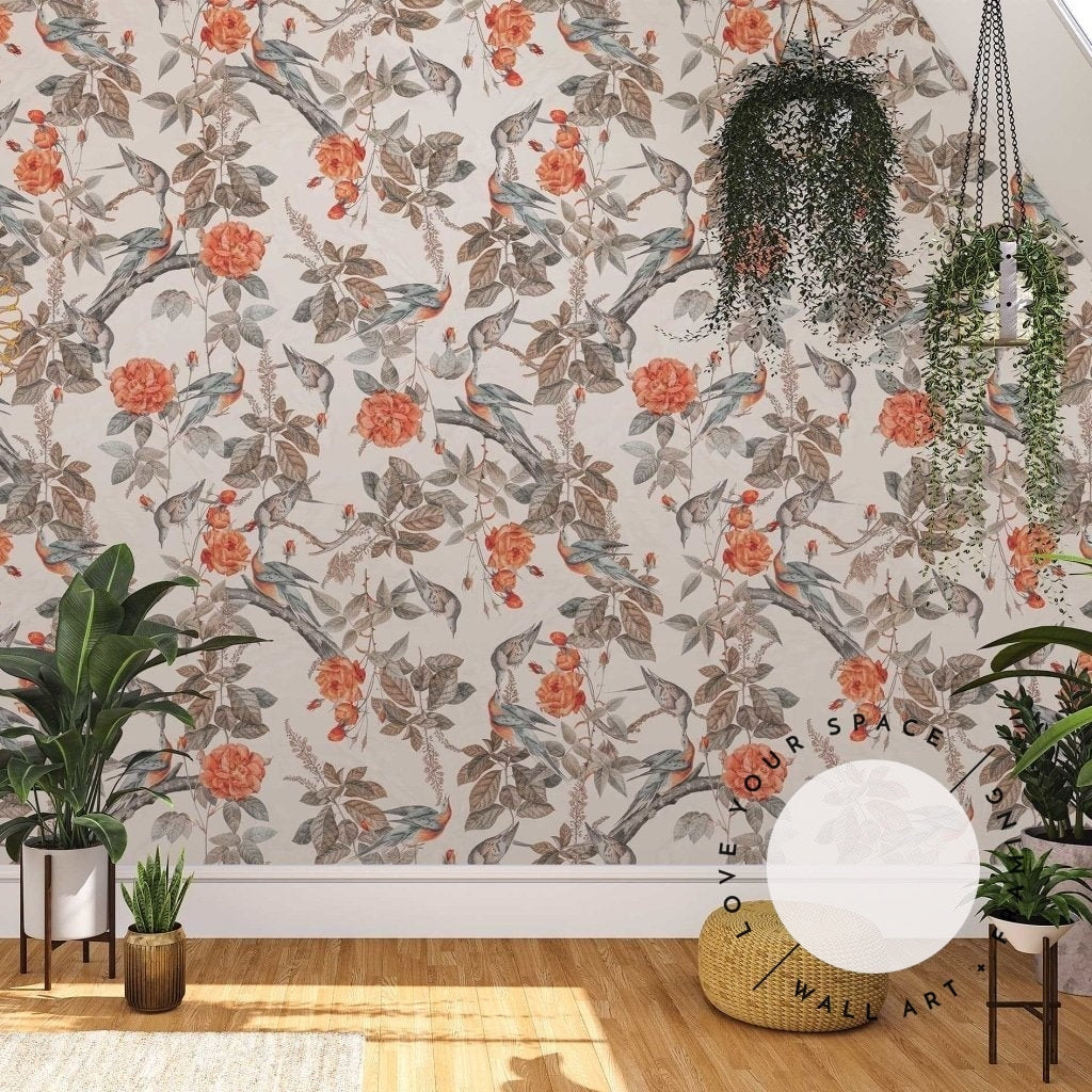 Orange Blossom & Birds Design - Wallpaper - Love Your Space