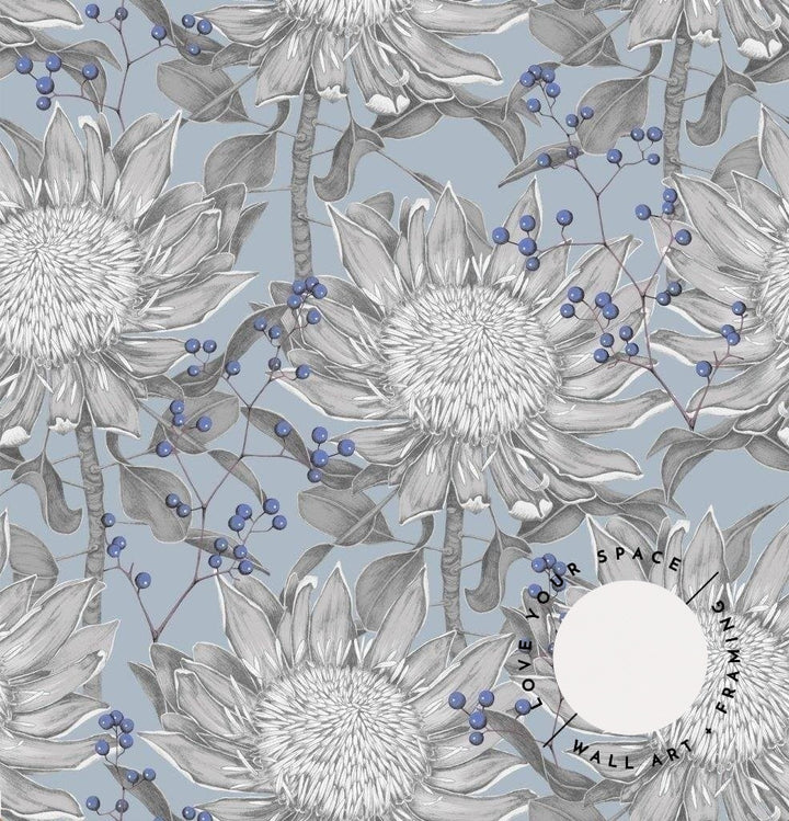 Protea On Blue Designer Wallpaper - Love Your Space